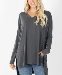 42POPS | Ash Gray Side-Slit V-Neck Hi-Low Dolman Top - Women