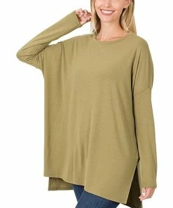 42POPS | Khaki Side-Slit Round Neck Hi-Low Dolman Tunic - Women