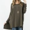 42POPS | Dark Olive Side-Slit Round Neck Hi-Low Dolman Tunic - Women