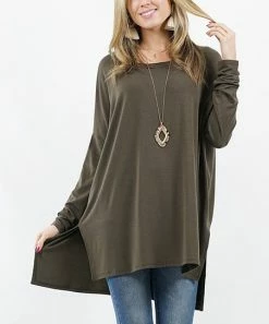42POPS | Dark Olive Side-Slit Round Neck Hi-Low Dolman Tunic - Women