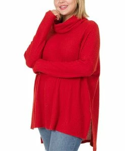 42POPS | Dark Red Waffle-Knit Cowl Neck Hi-Low Sweater - Plus