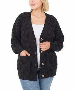 42POPS | Black Waffle-Knit Pocket Cardigan - Plus