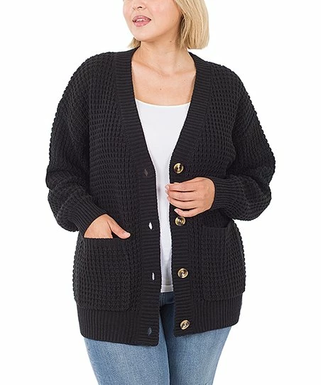 42POPS | Black Waffle-Knit Pocket Cardigan - Plus
