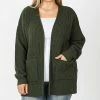 42POPS | Army Green Waffle-Knit Pocket Open Cardigan - Plus