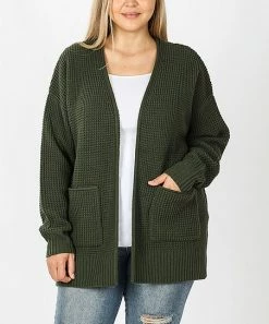 42POPS | Army Green Waffle-Knit Pocket Open Cardigan - Plus