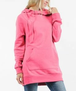 42POPS | Bright Pink Side-Tie Longline Pocket Hoodie - Women