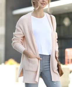 42POPS | Dusty Blush Waffle-Knit Side-Slit Pocket Open Cardigan Sweater - Women