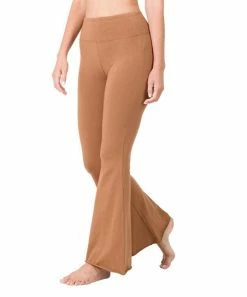 42POPS | Deep Camel High-Waist Raw-Hem Flare Yoga Pants - Women