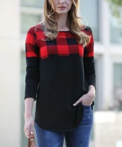 42POPS | Black & Red Buffalo Check Color-Block Long-Sleeve Top - Women