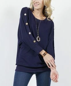 42POPS | Deep Navy Button-Detail Boatneck Dolman Sweater - Women