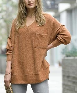 42POPS | Dark Camel Melange Oversize V-Neck Hi-Low Pocket Sweater - Women