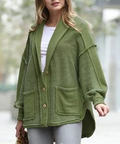 42POPS | Dark Olive V-Neck Bishop-Sleeve Button-Front Pocket Jacket - Women