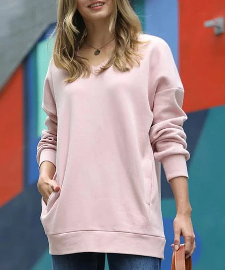 42POPS | Cream-Mauve V-Neck Pocket Sweatshirt - Women
