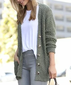 42POPS | Light Olive Popcorn Pocket Cardigan - Plus