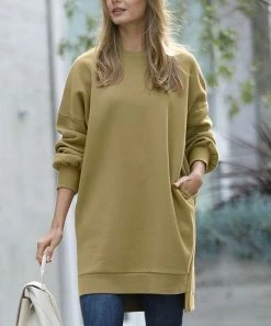 42POPS | Khaki Longline Crewneck Hi-Low Pocket Sweatshirt - Women