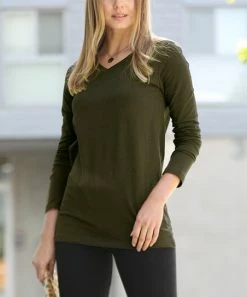 42POPS | Dark Olive V-Neck Long-Sleeve Tee - Women