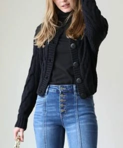42POPS | Black Cable-Knit Sleeve Button-Up Cardigan - Women