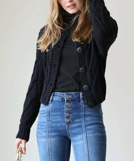 42POPS | Black Cable-Knit Sleeve Button-Up Cardigan - Women