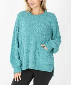 42POPS | Dusty Teal Popcorn Detail Bishop-Sleeve Pocket Sweater - Women