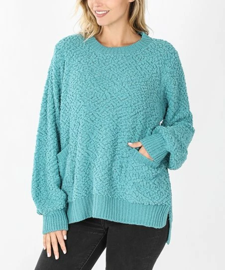 42POPS | Dusty Teal Popcorn Detail Bishop-Sleeve Pocket Sweater - Women