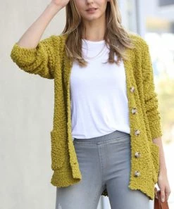 42POPS | Olive Mustard Popcorn Button-Up Pocket Cardigan - Women