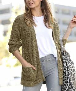 42POPS | Khaki Popcorn Button-Up Pocket Cardigan - Women