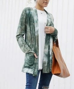 42POPS | Olive Tie-Dye Ribbed Pocket Open Cardigan - Women