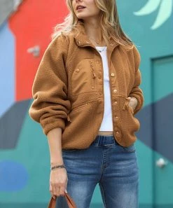 42POPS | Dark Camel Fleece Snap-Button Pocket Jacket - Women