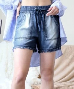 42POPS | Dark Blue Chambray Drawstring Raw-Cuff Pocket Shorts - Women