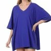 42POPS | Bright Blue Oversize Drop-Shoulder Longline Boyfriend V-Neck Tee - Women