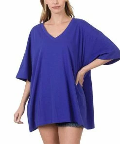 42POPS | Bright Blue Oversize Drop-Shoulder Longline Boyfriend V-Neck Tee - Women
