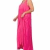 42POPS | Fuchsia V-Neck Sleeveless Pocket Tiered Maxi Dress - Plus