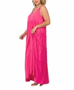 42POPS | Fuchsia V-Neck Sleeveless Pocket Tiered Maxi Dress - Plus