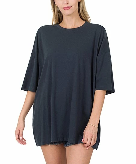 42POPS | Midnight Navy Drop Shoulder Crewneck Short-Sleeve Oversize Tee - Women