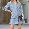 42POPS | Medium Chambray Button-Front Ruffle-Hem Shirt Dress - Women