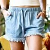 42POPS | Light Denim Drawstring Frayed-Hem Pocket Shorts - Women
