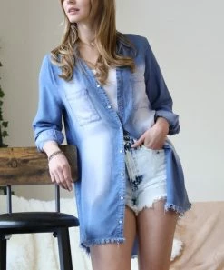 42POPS | Medium Blue Chambray Raw-Hem Longline Button-Up - Women