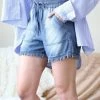 42POPS | Medium Blue Chambray Drawstring Raw-Cuff Pocket Shorts - Women