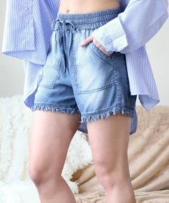 42POPS | Medium Blue Chambray Drawstring Raw-Cuff Pocket Shorts - Women
