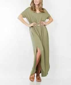 42POPS | Khaki V-Neck Side-Split Short-Sleeve Maxi Dress - Women