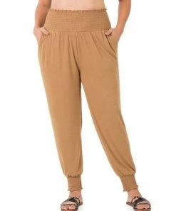 42POPS | Deep Camel Smocked High-Waist Pocket Joggers - Plus