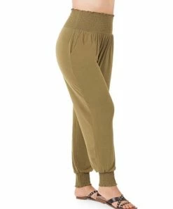 42POPS | Dusty Olive Smocked High-Waist Pocket Joggers - Plus