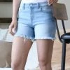 42POPS | Super Light Blue Mid-Rise Raw-Cuff Pocket Denim Shorts - Women