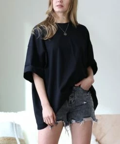 42POPS | Black Oversize Crewneck Drop-Shoulder Boyfriend Tee - Women