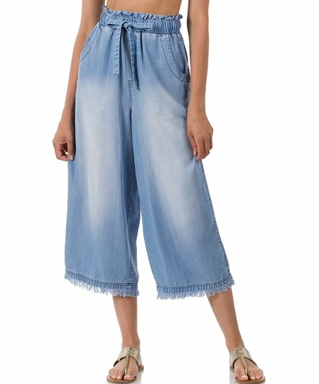 42POPS | Medium Blue Chambray Wide-Leg Pocket Crop Paper-Bag Jeans - Women