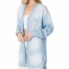 42POPS | Light Blue Chambray Roll-Tab Hi-Low Longline Button-Up - Women