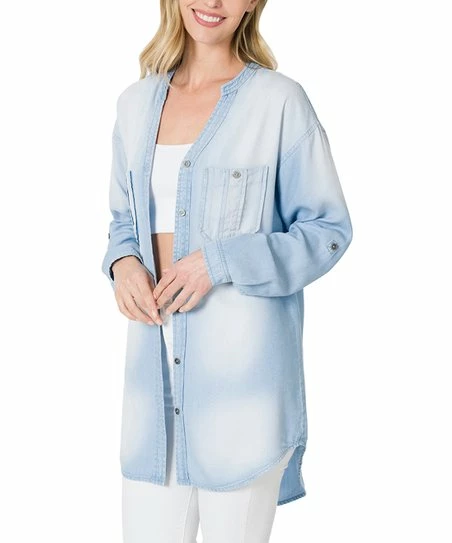 42POPS | Light Blue Chambray Roll-Tab Hi-Low Longline Button-Up - Women