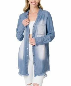 42POPS | Medium Blue Chambray Raw-Hem Longline Button-Up - Women
