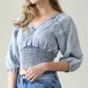 42POPS | Blue Acid-Wash Chambray Smocked Puff-Sleeve Denim Crop Top - Women