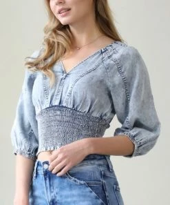 42POPS | Blue Acid-Wash Chambray Smocked Puff-Sleeve Denim Crop Top - Women